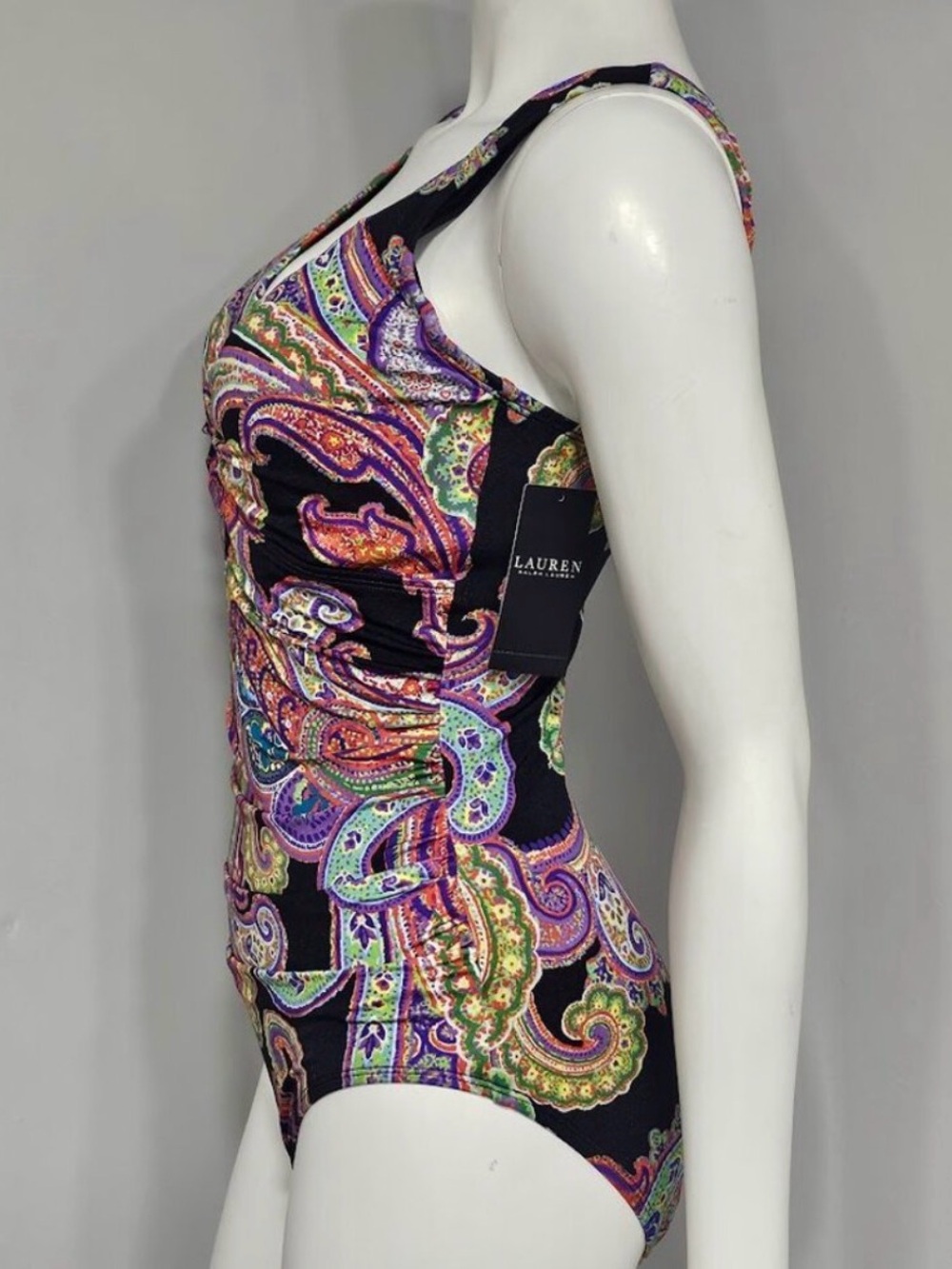 Lauren Ralph Lauren black Bordado Paisley Ruched One-Piece Swimsuit 14 NWT - Picture 10 of 15